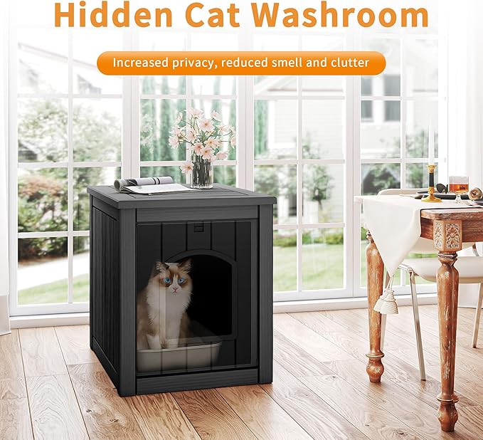 VIXZEN Cat House Resin Outdoor Cat House with Flip Lid Elevated Raised Floor Waterproof Easy Access Easy Assembly Easy to Clean Cat Houses for Outdoor Cats,Black