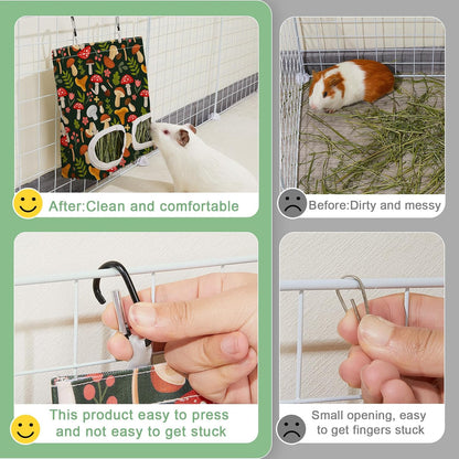 Glittme 2 Pack Guinea Pig Hay Feeder, 11.5x9 Inch Hay Bag for Rabbits, Hanging Hay Holder for Guinea Pigs Cage Hay Feeder for Bunny, Small Pets,Green Mushroom