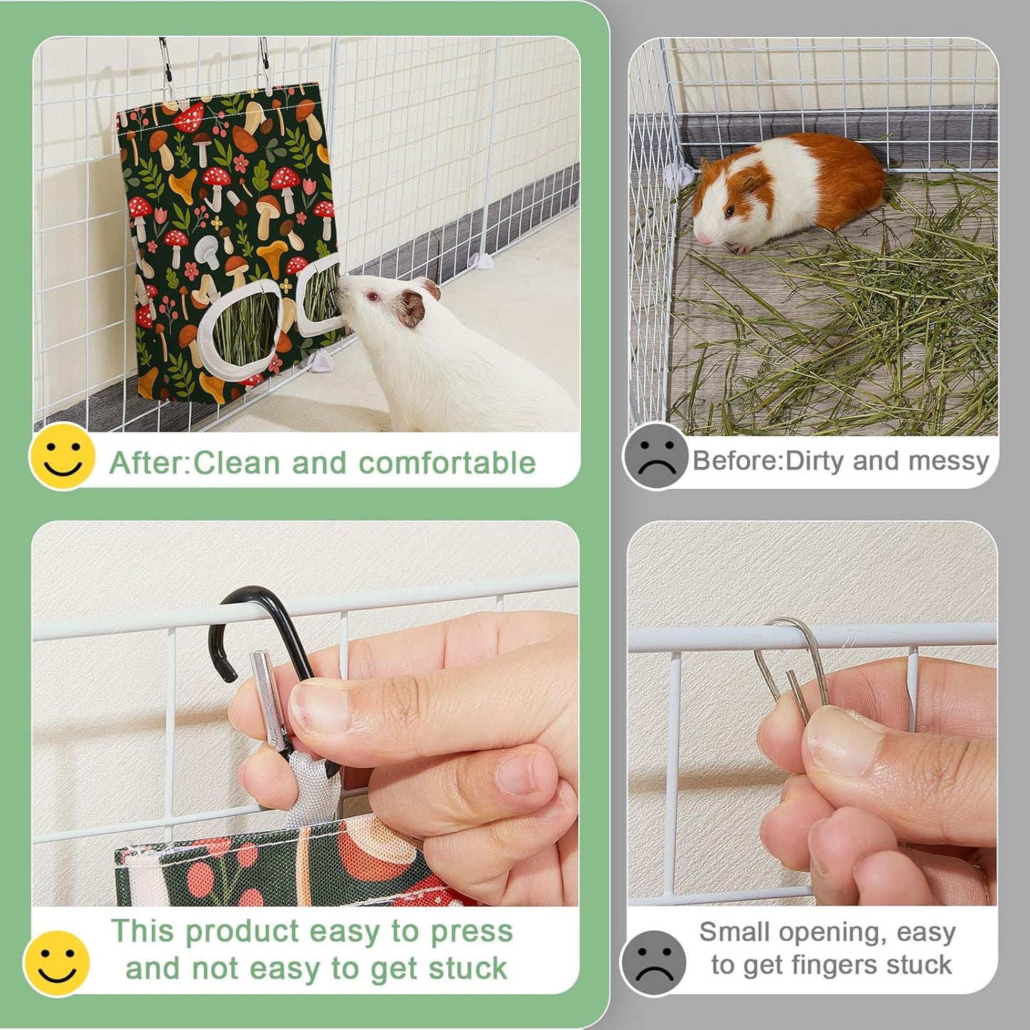 Glittme 3 Pack Guinea Pig Hay Feeder, 11.5x9 Inch Hay Bag for Rabbits, Hanging Hay Holder for Guinea Pigs Cage Hay Feeder for Bunny, Small Pets,Green Mushroom