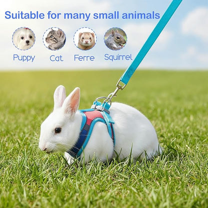 Adjustable Bunny Harness and Leash Set, Double Buckles Breathable Mesh Rabbit Vest with Reflective Strips, Escape Proof Small Pet Walking Training Gear for Rabbits, Kittens, Ferrets, Guinea Pigs (S)