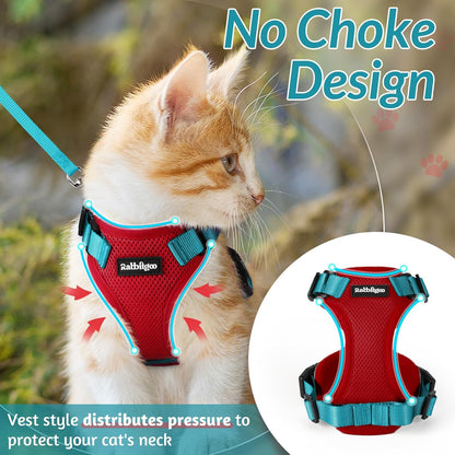 rabbitgoo Cat Harness and Leash for Walking, Escape Proof Soft Adjustable Vest Harnesses for Cats, Easy Control Breathable Reflective Strips Jacket, Red & Teal, XS