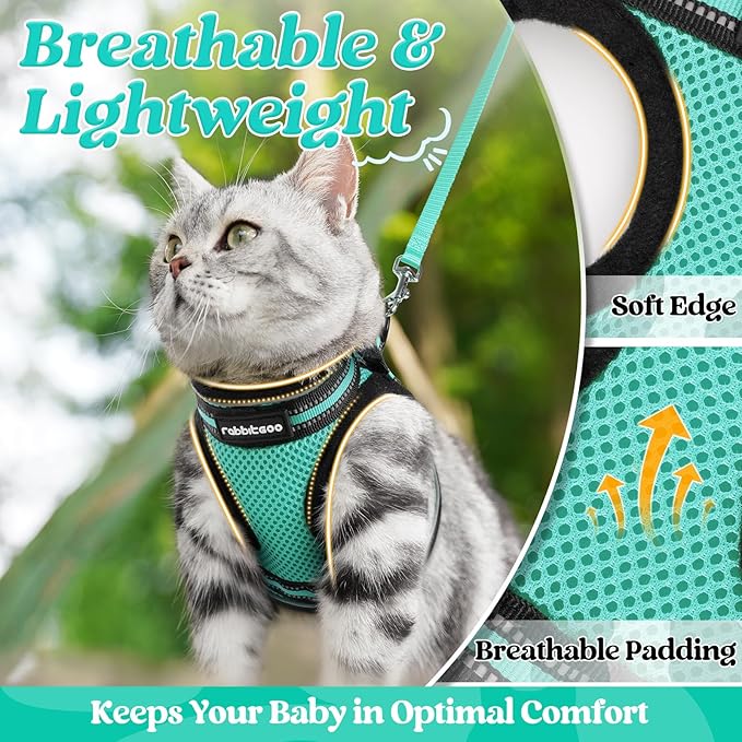 rabbitgoo Cat Harness and Leash Set for Walking Escape Proof, Adjustable Soft Kittens Vest with Reflective Strip for Cats, Comfortable Outdoor Vest,Green,L