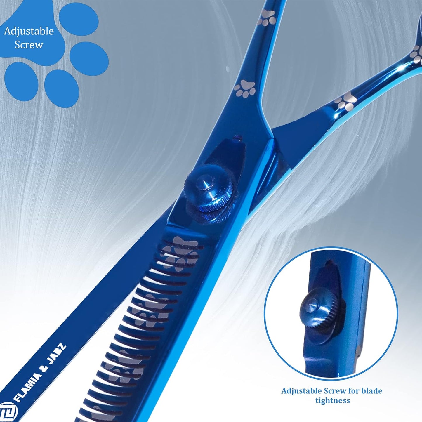 Professional Dog Grooming Thinning Scissors/Blender Shears with Paw Prints for Dogs, Cats & Pets (Right Handed, Blue, Stainless Steel 8 Inch)