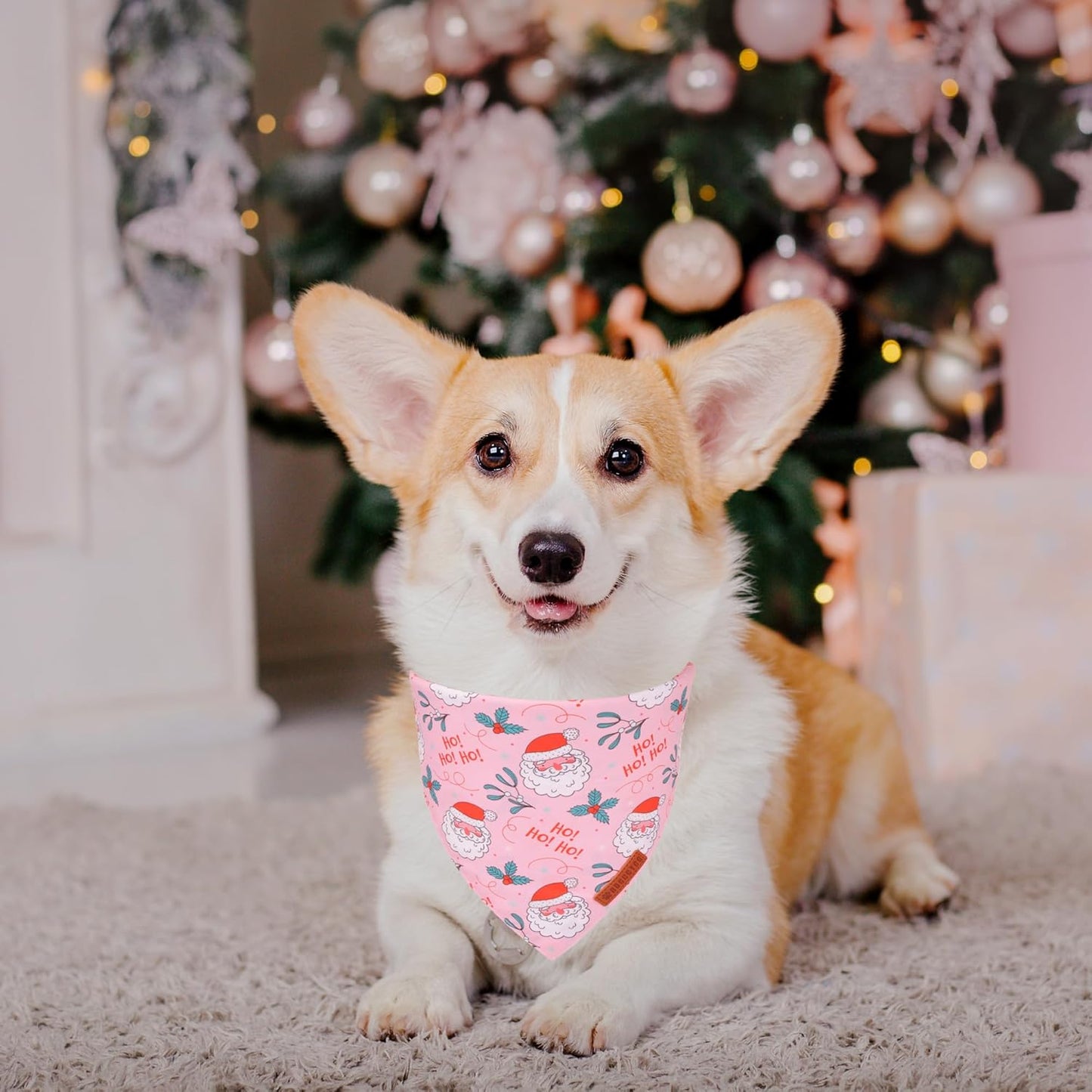 ADOGGYGO Pink Christmas Dog Bandana, Santa Xmas Tree Dog Scarf, Adjustable Fit Pink Pet Christmas Bandanas for Medium Large Dogs (Large)