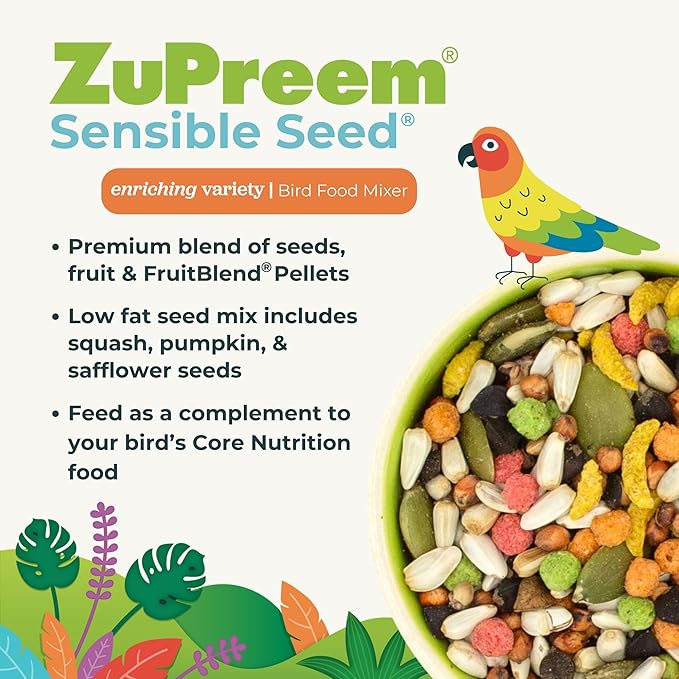 ZuPreem Sensible Seed Bird Food for Parrots and Conures, 2 lb bag (2-pack) - Premium Blend of Seeds and FruitBlend Pellets for Conures, Caiques, African Greys, Senegals, Amazons, Eclectus, Small Cocka