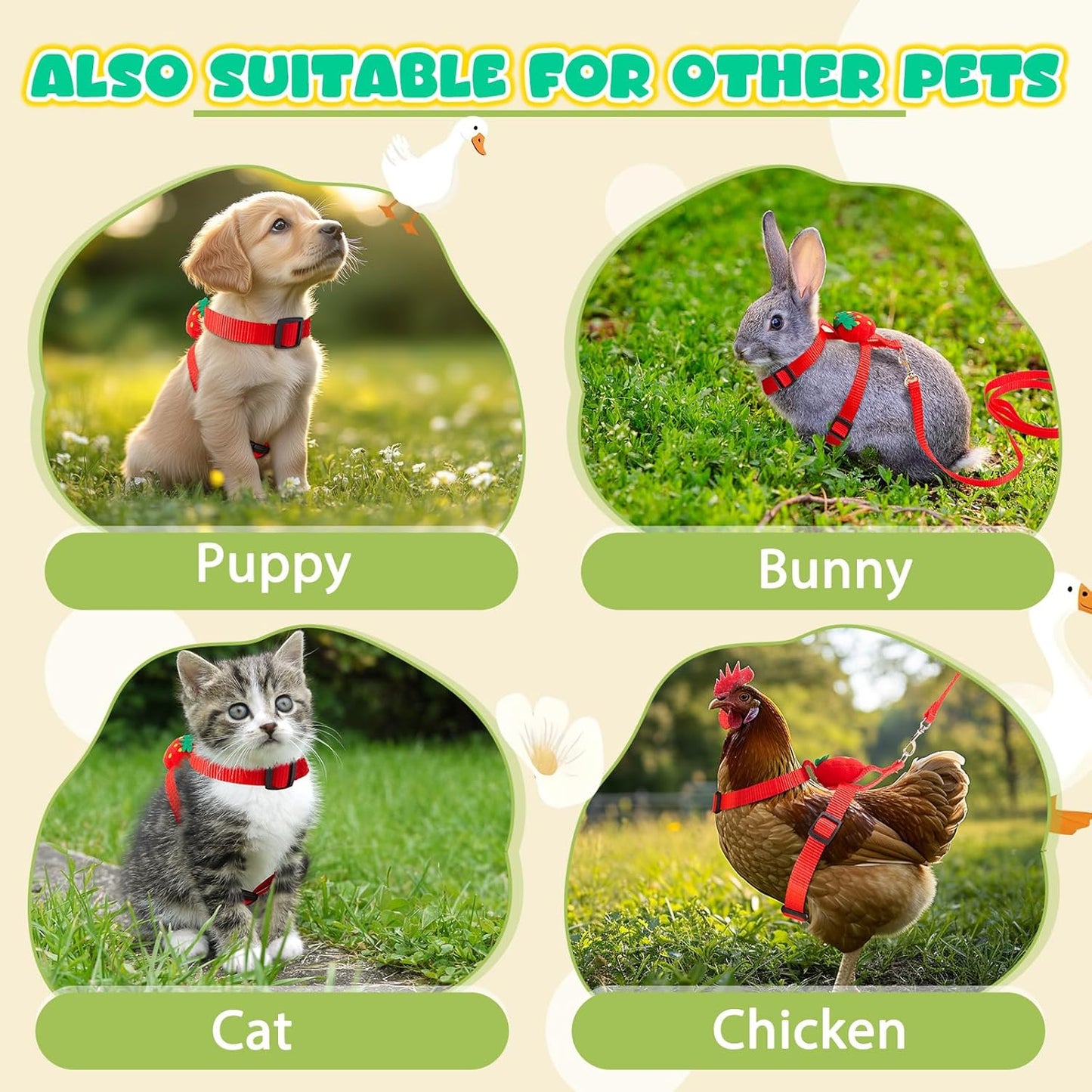 Duck Harness Leash Set Duck Harness and Leash for Real Ducks Adjustable Walking Rope Pet Cute Pattern Outdoor Traction Rope for Chicken Rabbit Small Animals(Xs,Strawberry)