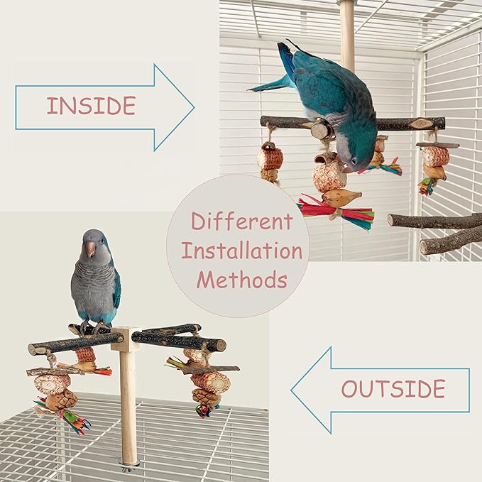 Bird Perch 360° Rotating with Natural Chew Toys - ROOJUNE Bird Toys Cage Accessories- Parrot Wooden Stand for Small and Medium Birds (Parakeets, Budgies, Cockatiels, Conures, Finches)