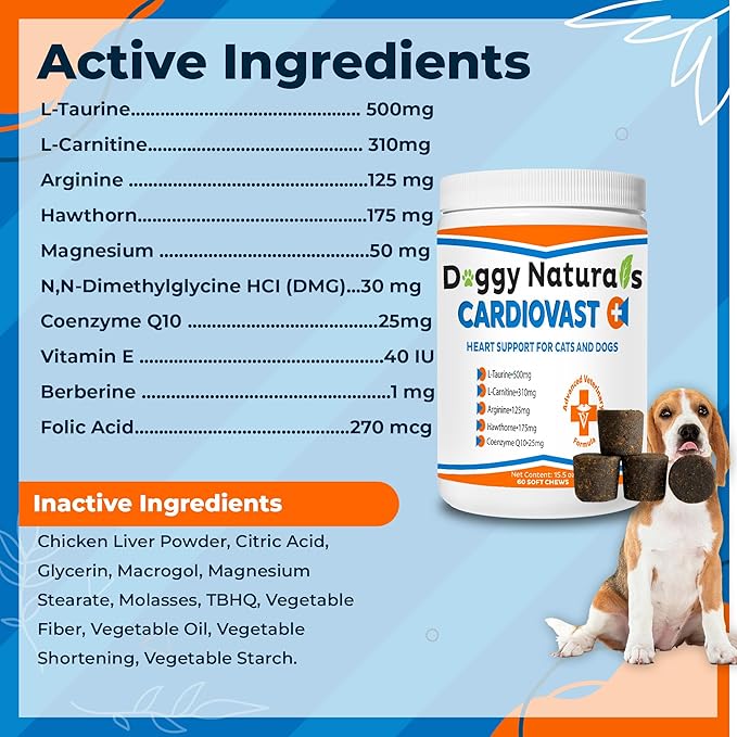CardioVast Cardio Support and Cardio Strength Supplement for Dog and Cats, L-Taurine, L-Carnitine, Hawthorn, L Arginine, Coenzyme Q10-Supports Cardiovascular Heart Health - Made in USA - 60 Soft Chew