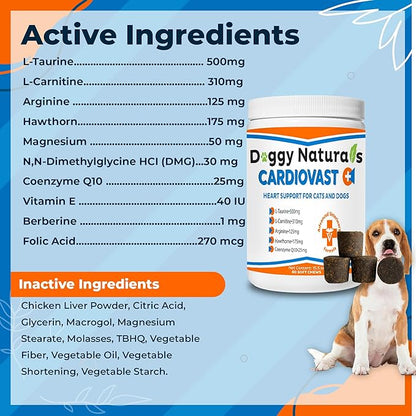 CardioVast Cardio Support and Cardio Strength Supplement for Dog and Cats, L-Taurine, L-Carnitine, Hawthorn, L Arginine, Coenzyme Q10-Supports Cardiovascular Heart Health - Made in USA - 60 Soft Chew