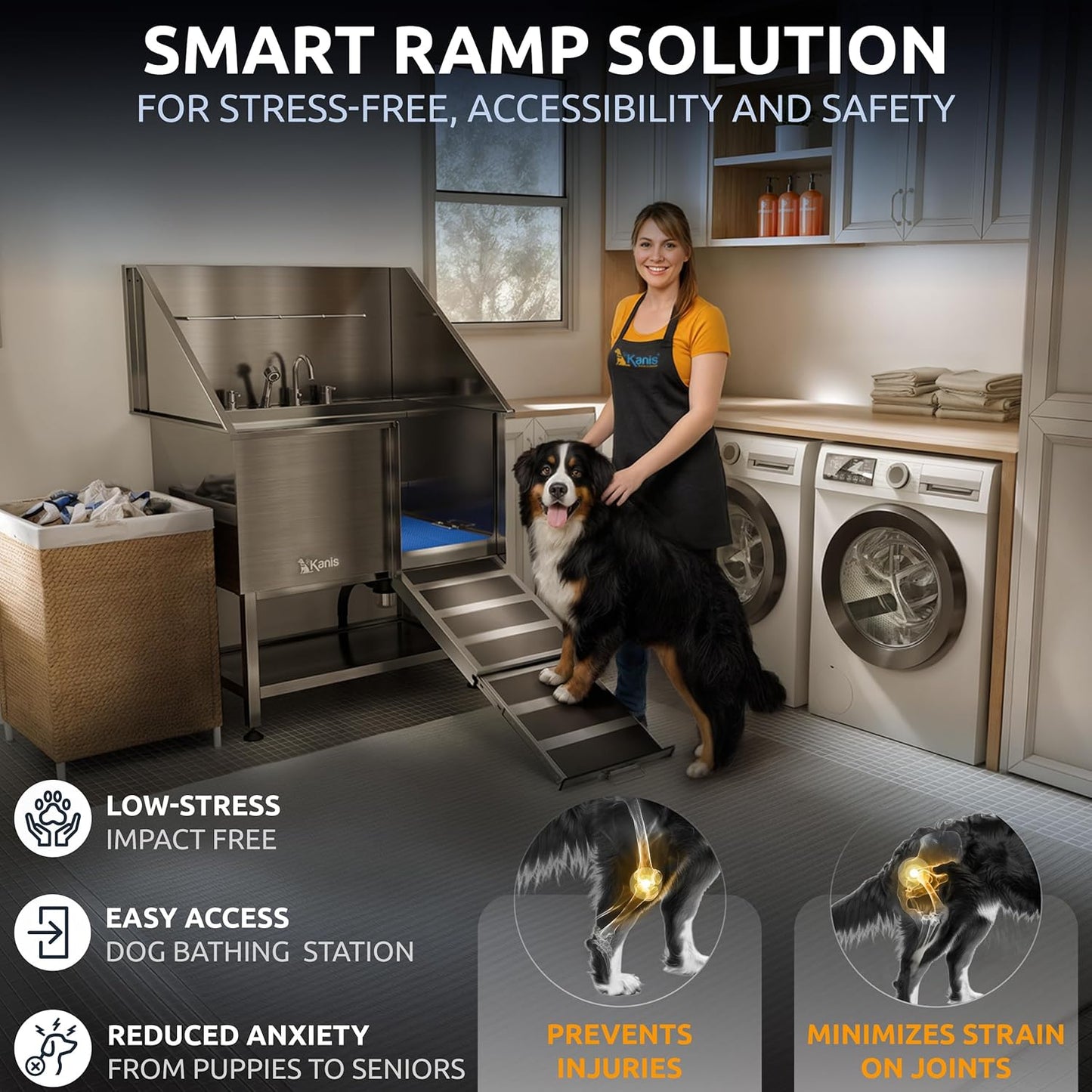 KANIS Professional Dog Washing Station - 304 Stainless Steel Pet Wash Sink & Grooming Bathtub w/Shower, Floor Grates and Storage for Large, Medium & Small Pets (40", Shelf - Right Ramp)