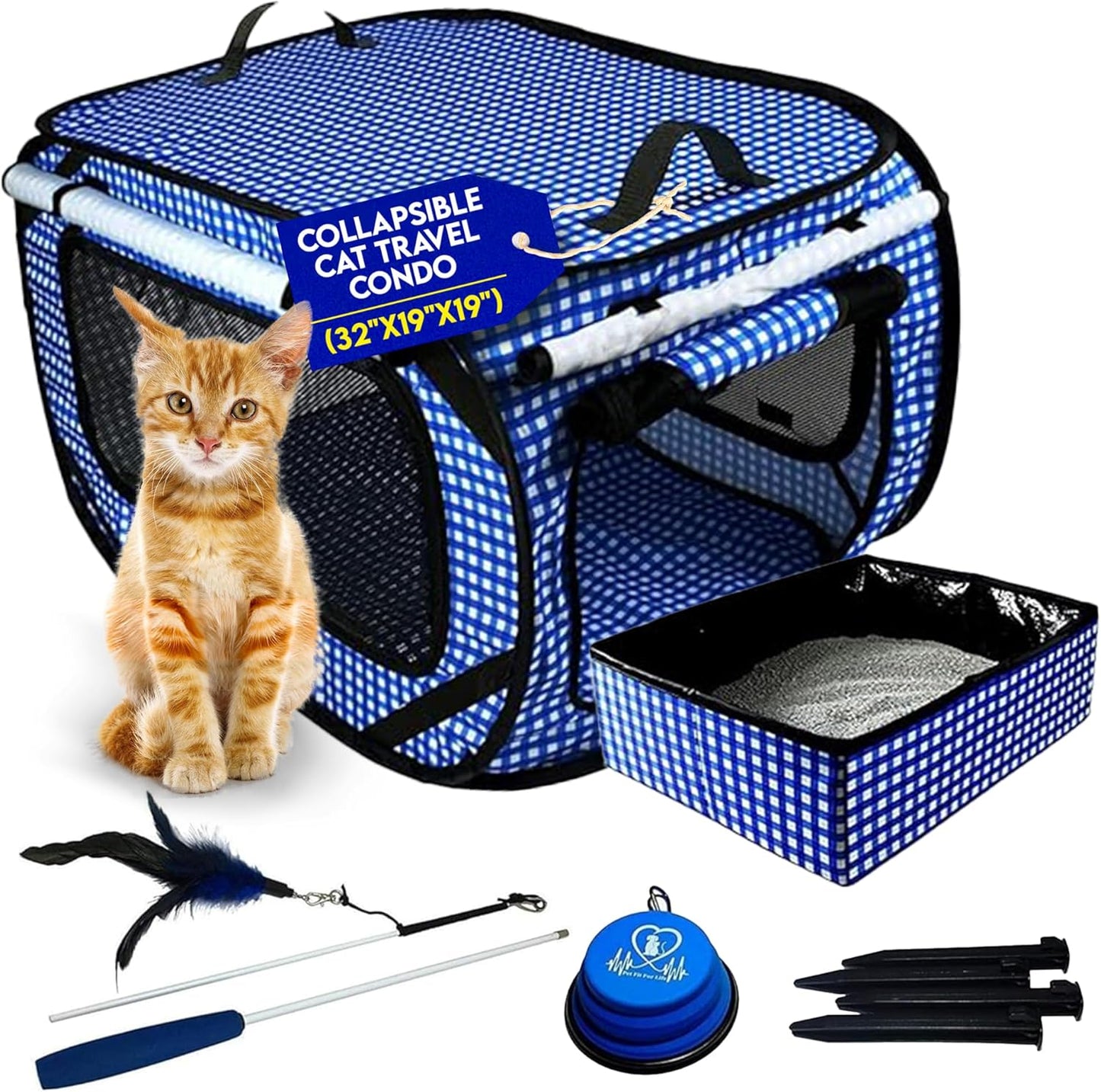 Pet Fit For Life Extra Large Cat Carrier for Travel - Foldable & Portable Collapsible Kennel with Litter Box, Feather Toy & Water/Food Bowl - Ideal for Cars, Long Trips & Indoor Cats - Blue Checkers