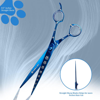 Professional Dog Grooming Scissors Set of Straight, Curved, Thinner/Blender and Chunker Shears with Paw Prints for Dogs, Cats & Pets (Right Handed, Blue, Stainless Steel 8 Inch)