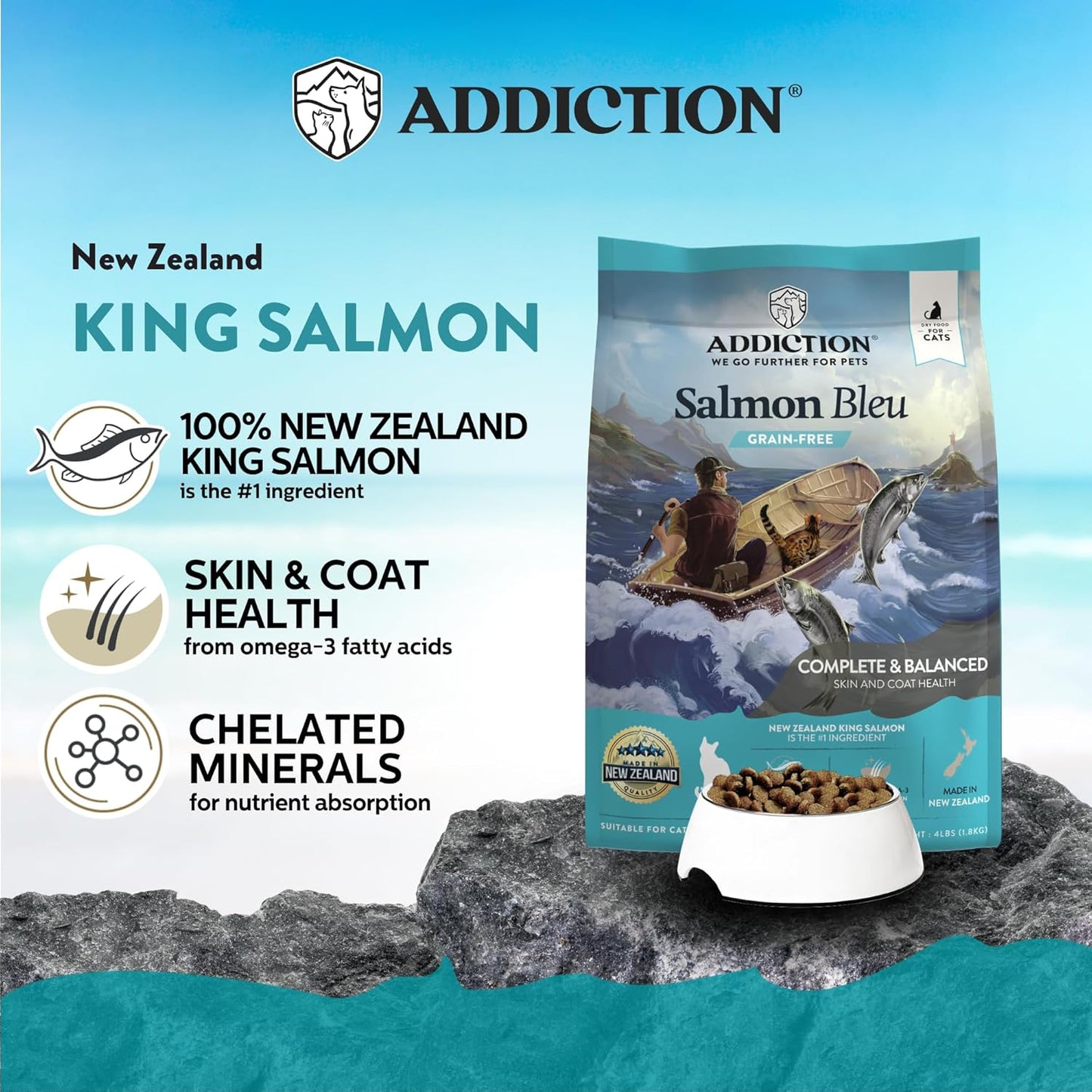 Addiction Salmon Bleu Grain-Free Dry Cat Food – Rich in Omega-3 for Healthy Skin & Coat – Complete & Balanced Salmon Recipe for All Life Stages – Made in New Zealand 4lb