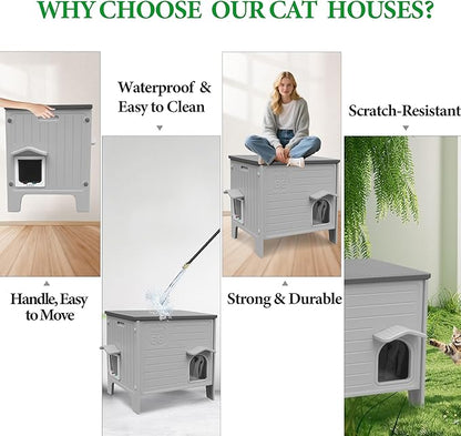 Cat House Outdoor Weatherpoof Plastic Cats Houses with Escape Door Indoor Waterproof Feral/Pet Cat Shelter Outside for Puppy, Rabbit(Grey)