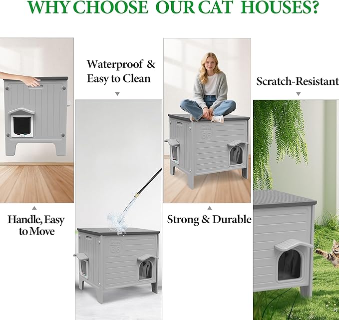 Outdoor Cat House Weatherpoof Large Plastic Cats Houses with Escape Door Indoor Waterproof Feral/Pet Cat Shelter Outside for Multiple Cats (Grey)