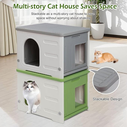 Waterproof Cat House for Outdoor Cats, Plastic Feral Cat House with Escape Door and Soft Mat, Large Indoor Cat House for Mutiple Cats - Grey