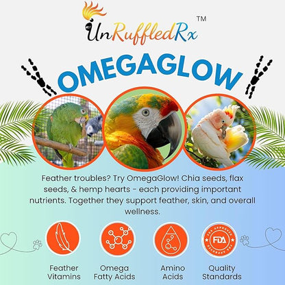 UnRuffledRx™ OmegaGlow for Birds – Supports Feather Growth & Helps Reduce Plucking | Skin & Immune Health with Chia, Flax & Hemp Hearts | 2 oz Shaker Jar