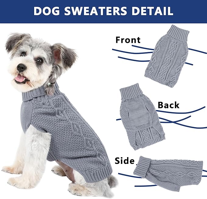 Dog Sweaters for Small Dogs Winter Dog Clothes Turtleneck Knit Puppy Sweater Warm Chihuahua Clothes Cat Sweater Frenchie Doggy Pullover Outfit with Twisted Design(Grey, X-Small)