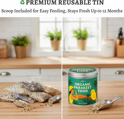 Premium Bird Seed Parakeet Food | Organic Parakeet Bird Seeds with Oat Groats, Amaranth & Super Veggies | Perfect Bird Food, Pretty Parrot & Budgie Food | Reusable Tin (1lb)