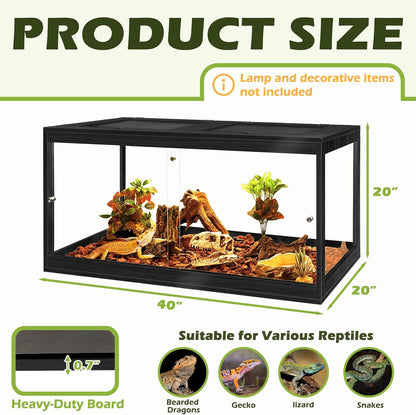 Prolee Tempered Glass Bearded Dragon Tank 28 Gallon,Reptile Encloure and Snake Tank with Metal Mesh Roof Door,Locking Design Reptile Tank for Lizard,Gecko,Chameleon (Black, 63 Gallon (40x20x20 Inch))