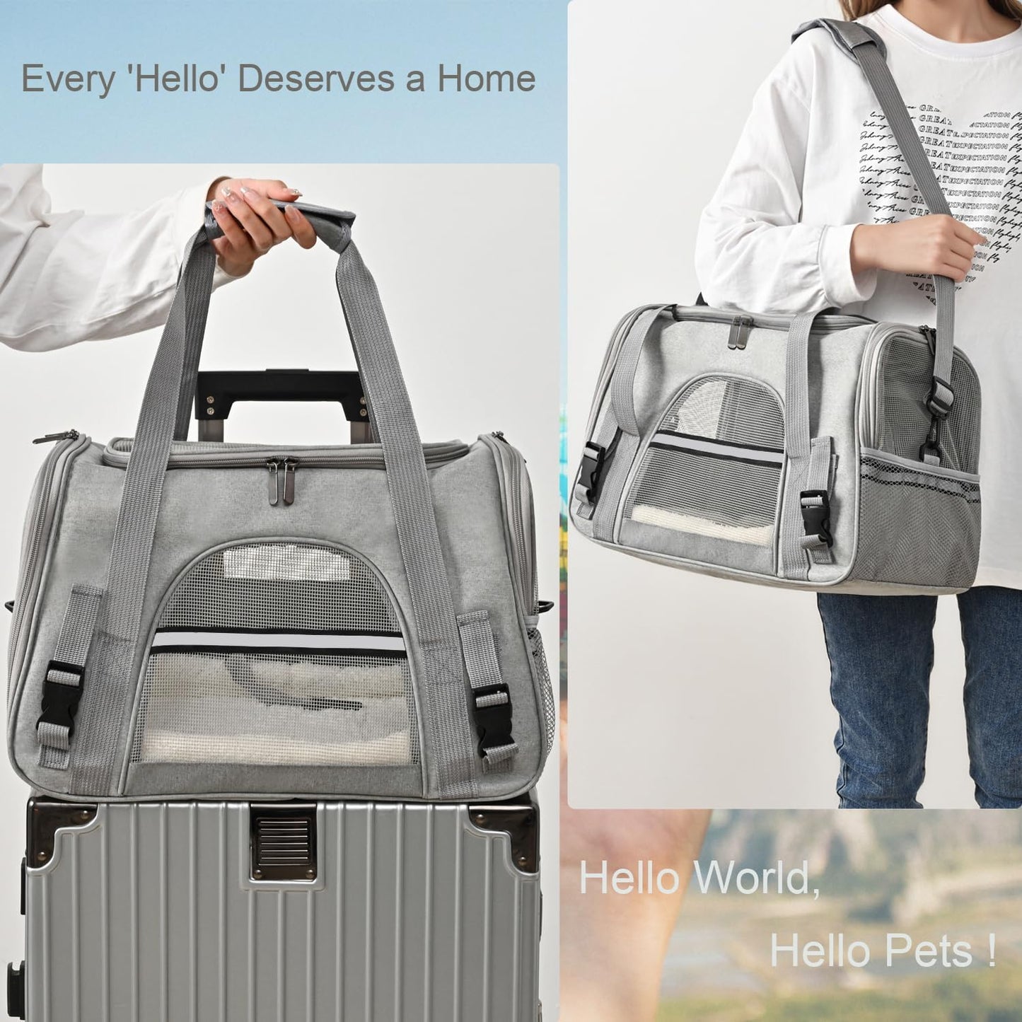 Dog Cat Carrier Soft for Small Pet Up to 16 Lbs TSA Airline Approved Travel Carrier Collapsible Puppy Car Mesh Bag 17.5 * 10.2 * 11.4 inch - Grey