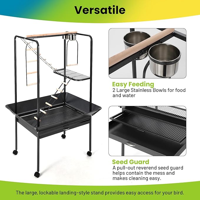 64'' H Inch Birdcage Stand Play Center with Perches and Ladders, Indoor Outdoor Playground for Birds, Bird Playstand w/Rotated Ring Removable Tray, Lockable Caster,Black, for Macaw and Parakeet