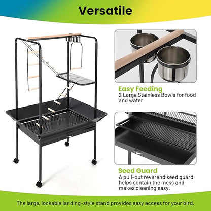 64'' H Inch Birdcage Stand Play Center with Perches and Ladders, Indoor Outdoor Playground for Birds, Bird Playstand w/Rotated Ring Removable Tray, Lockable Caster,Black, for Macaw and Parakeet