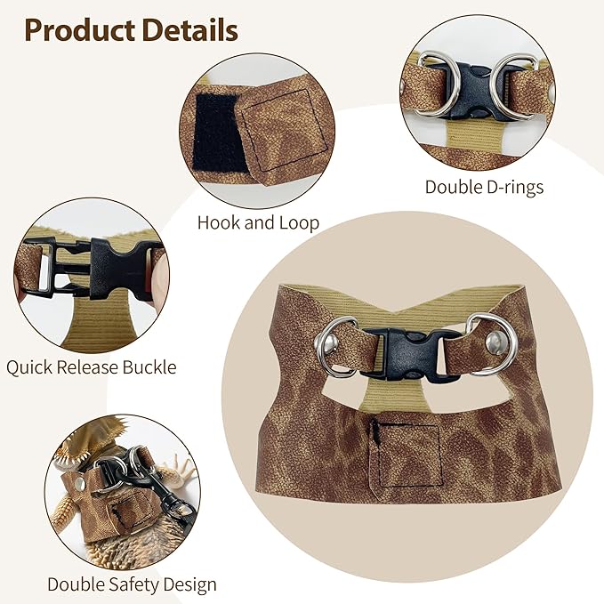 AIITLE 3 Pack Adjustable Bearded Dragon Harness and Leash Set - Leopard Print, Comfort Soft Leather Vest for Lizards, Iguanas, Guinea Pigs, Outdoor Walking & Camping, Brown