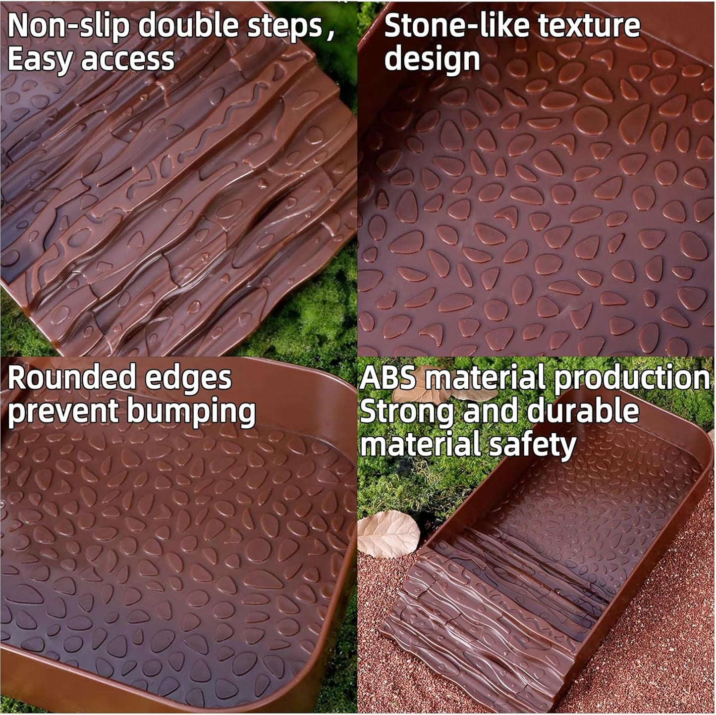 3 PCS Reptile Water Dish with Climbing Ramp, Leaf Reptile Water Bowl, Amphibians Habitat Brown Tortoise Water Dish for Turtle, Gecko, Snake, Bearded Dragon, Lizard