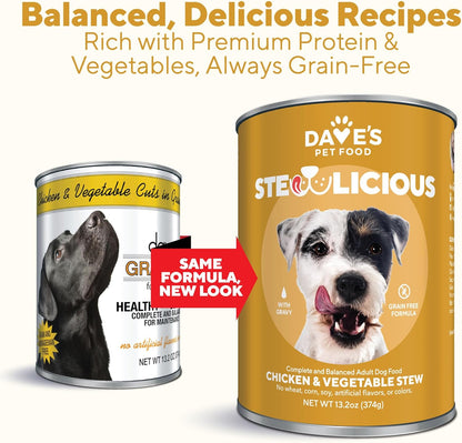 Dave's Pet Food Stewlicious Grain Free Wet Dog Food (Chicken & Vegetable in Gravy), Made in USA Naturally Healthy Canned, Gluten Free Topper, 13.2 oz (12 Pack)