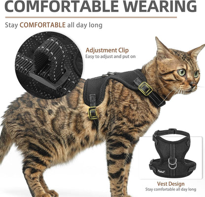 PUPTECK Cat Harness and Leash Set Escape Proof, Reflective Adjustable Soft Mesh Kitten Vest Harness for Walking Travel, Black, S