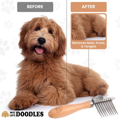 Dog Dematting Brush & Rake, Detangler Brush For Dogs, Comb Tool For Grooming, Best For Doodles, Poodles, Goldendoodles, Cats & Other Pets, Matted Fur Removal On Undercoat [We Love Doodles]