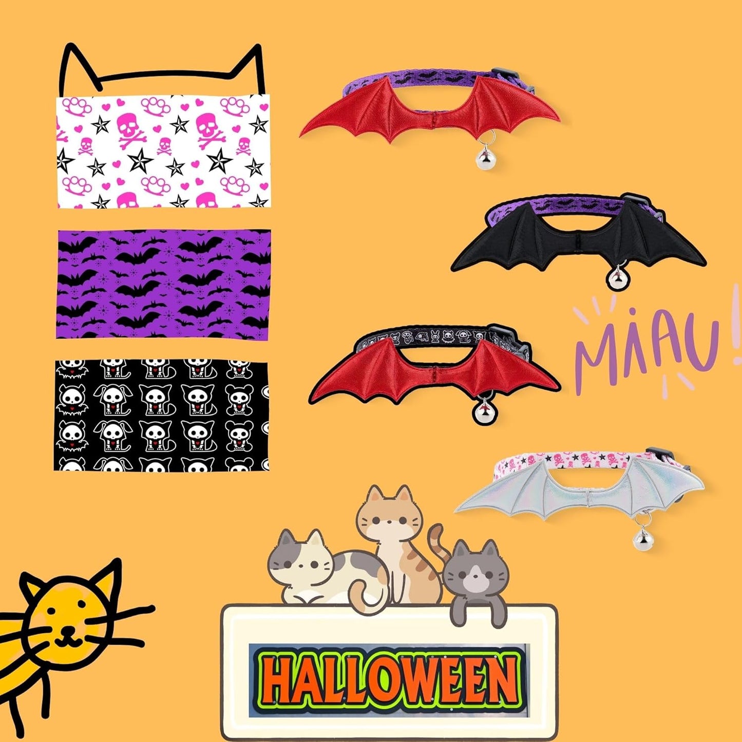 1 PC Bat Wing Cat Collar with Bell, Adjustable Kitten Collar with Safety Breakaway Buckle for Boy&Girl Cats, Halloween Christmas Cat Accessories for Kitten Puppy