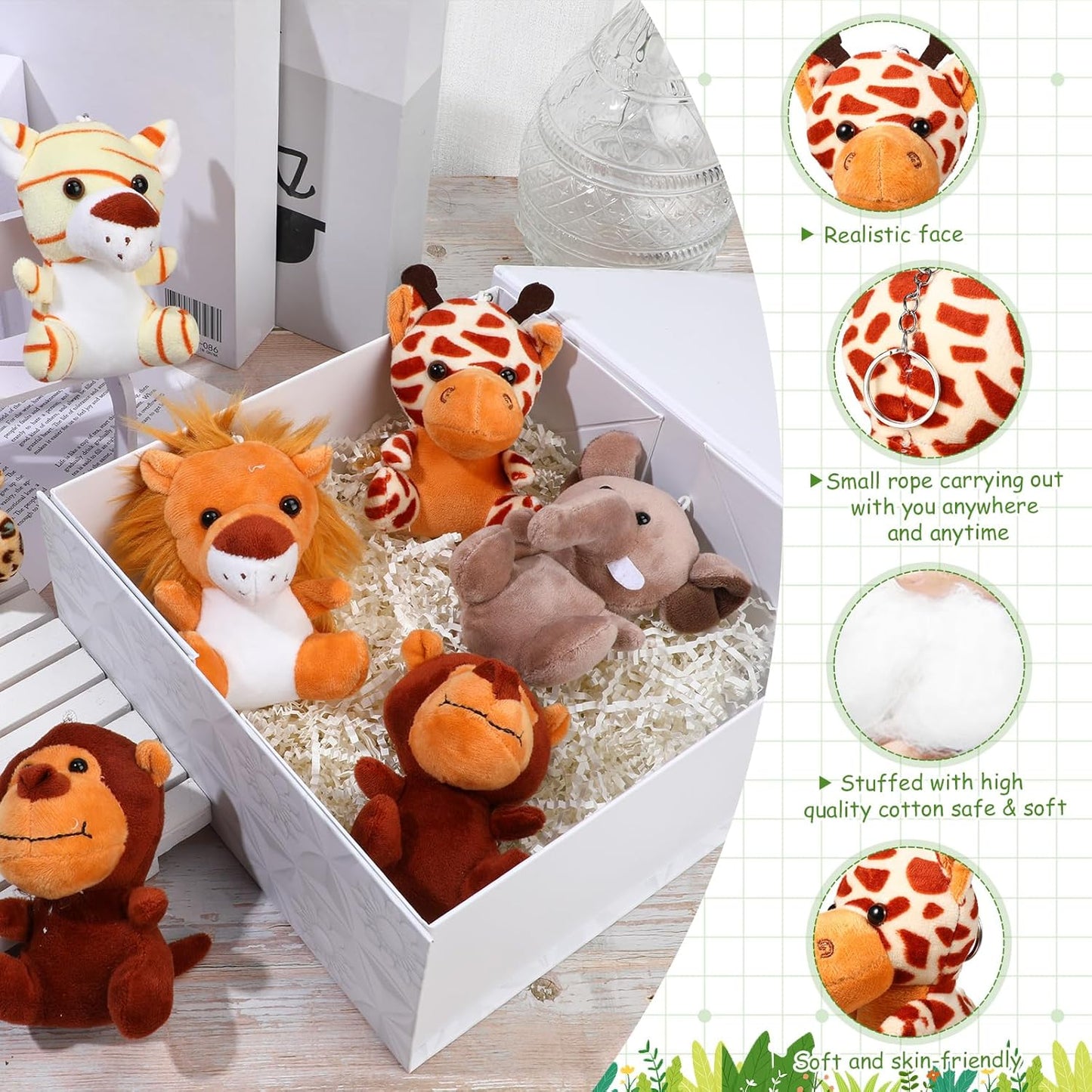 HyDren 18 Pcs Small Safari Stuffed Animals Bulk 4.8 Inch Jungle Animal Mini Plush Toy Lion Tiger Elephant Giraffe Leopard Monkey Figures for Summer, Baby Shower, Birthday Party(Lovely Style)
