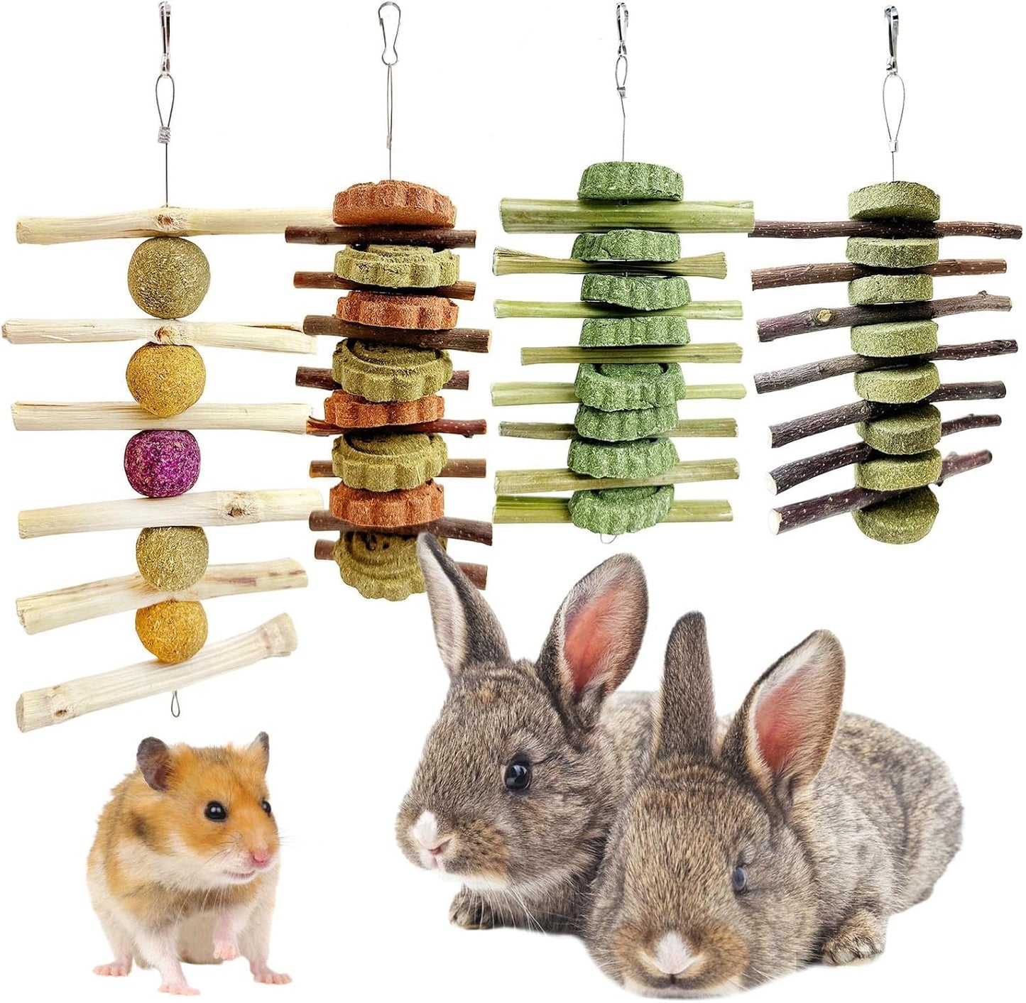 Hamiledyi 4PCS Bunny Chew Toys Rabbit Toys for Teeth Grinding Natural Fruit Sticks Timothy Grass Small Animal Chew Toys and Treats for Guinea Pig Hamster Chinchilla Squirrel