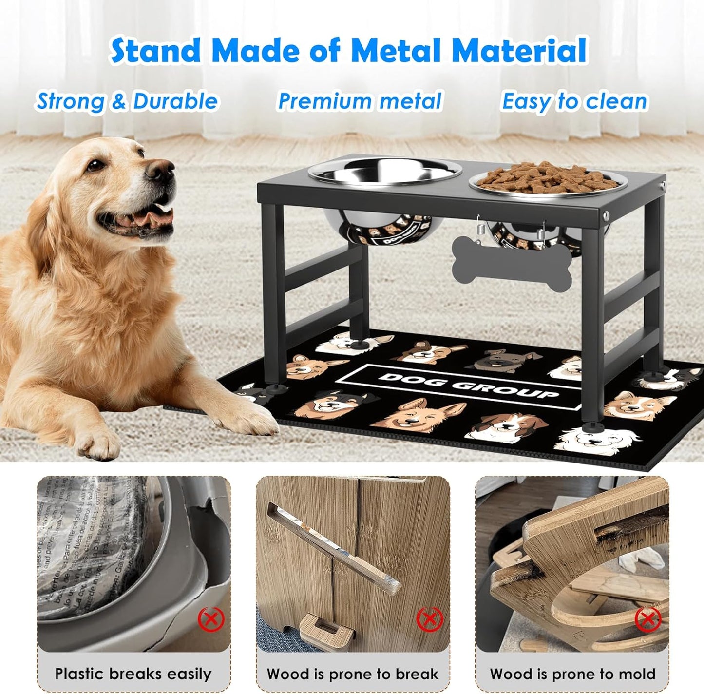 Elevated Dog Bowls, 10" Tall Height, Raised Bowl Stand with 2 Stainless Steel Food Feeder Bowls (58oz) and Spill-Proof Mat for Medium Large and Small Breeds