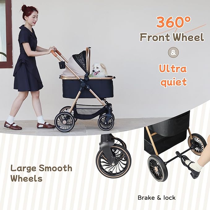 3-in-1 Pet Stroller for Small Dogs & Cats up to 33lbs, One-Touch Fold 4-Wheel Cart with Removable Carrier, Rear Brake & Storage Basket