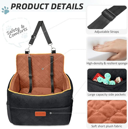Small Dog Car Seat, Memory Foam Dog Booster Seats with Thick Cushion for Medium Dogs Under 35lbs, Detachable Washable Pet Car Seat Travel Bed with Storage Pockets,2 Safety Belts