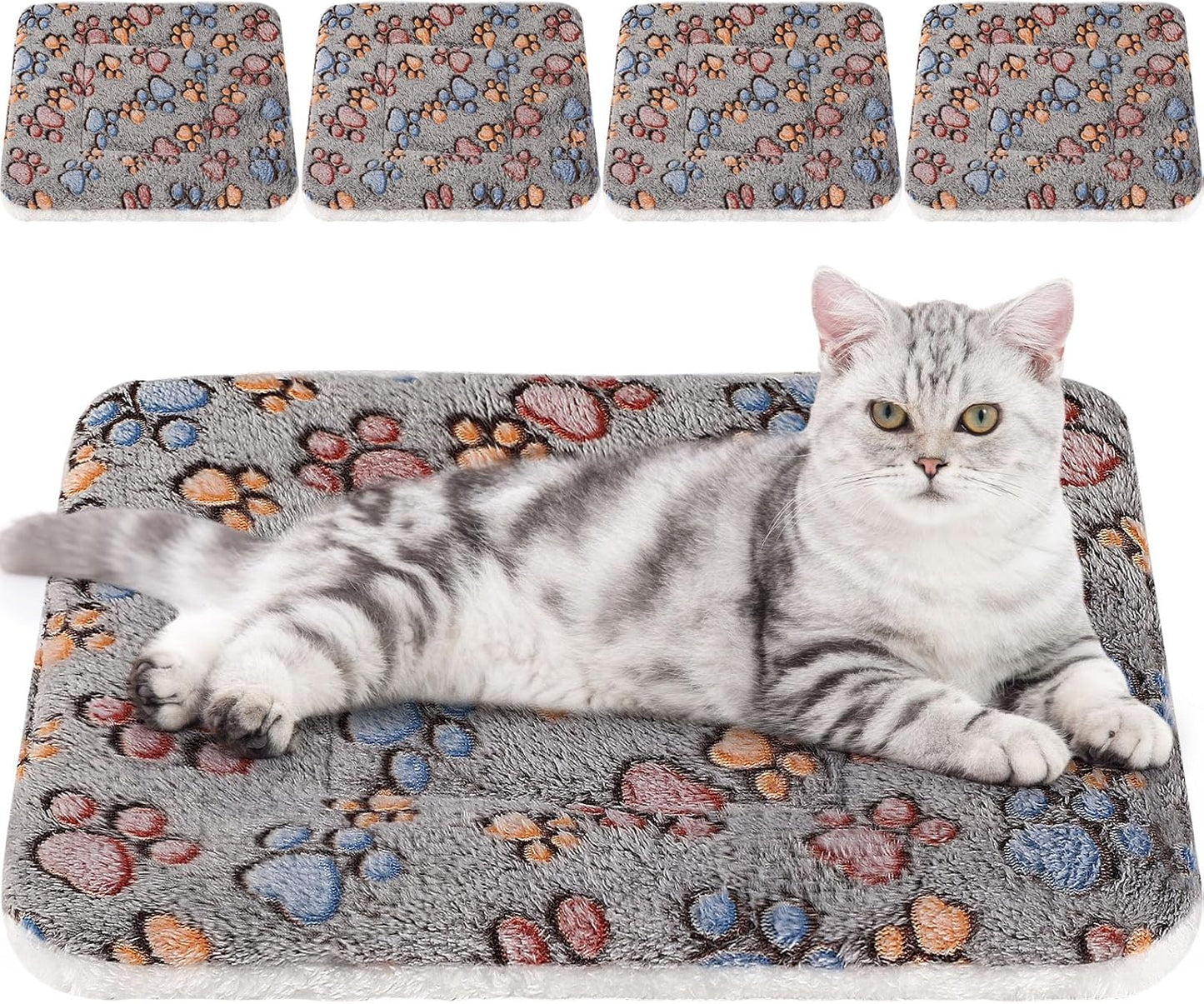 4 Pack Ultra Soft Dog Cat Bed Mat with Cute Prints Reversible Fleece Dog Crate Kennel Pad Cozy Washable Thickened Hamster Guinea Pig Pet Bed Mat for Small Animals(21 x 14 Inches,Gray)