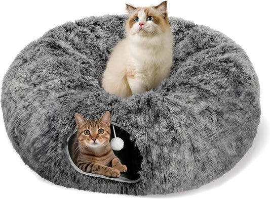 Cat Tunnel Bed for Indoor Cats, Peekaboo Cat Cave with Washable Soft Play Mat, Furry Cat Tube, for Kitten/Puppy/Rabbit, Black