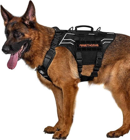 OneTigris Tactical Dog Harness for Large Dogs, Adjustable Tactical Dog Harness with Handles, Reflective Vest Heavy Duty & Breathable Military Assistance Vest with No Pull Buckle, Black