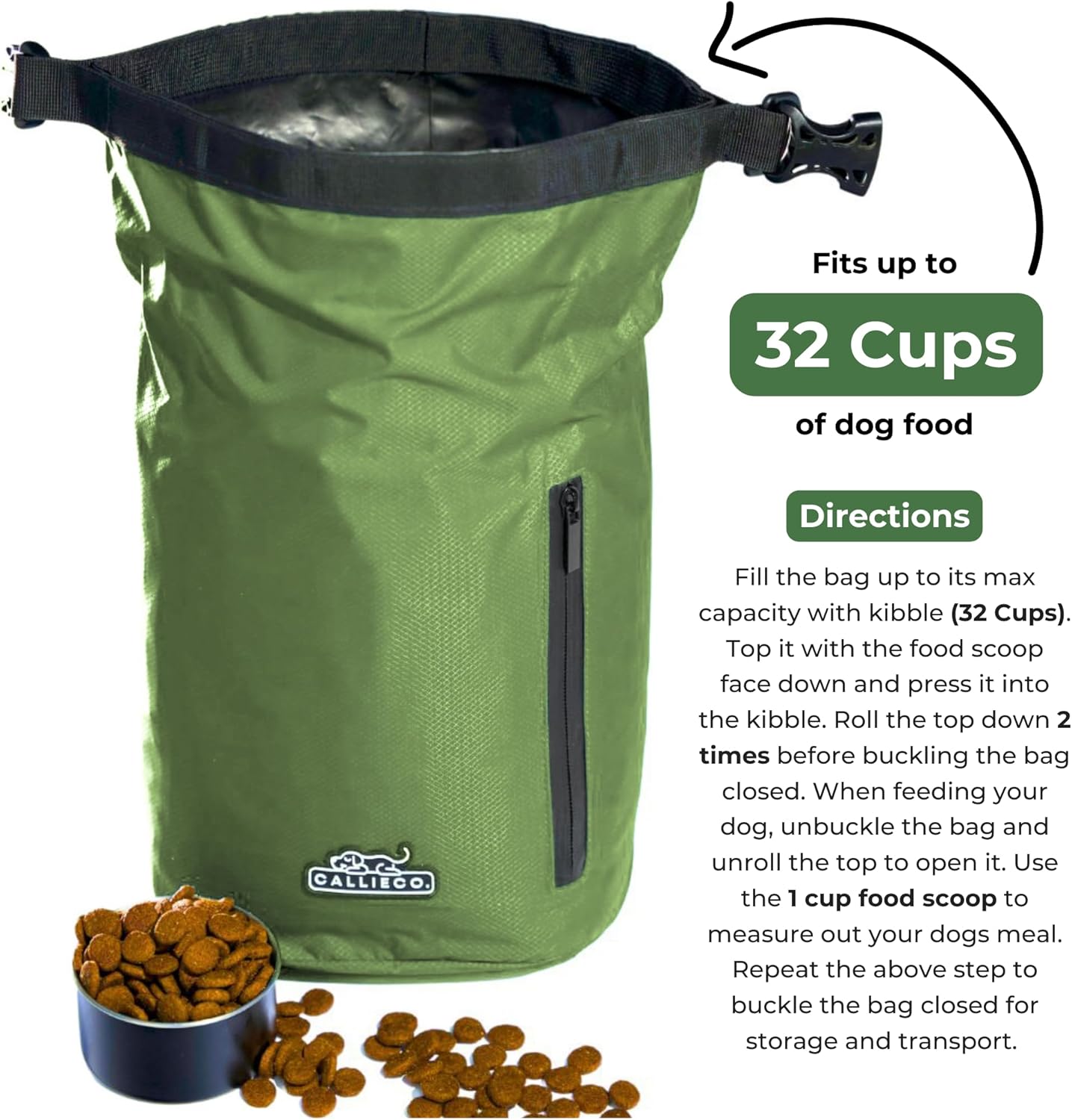 Callieco Dog Food Travel Bag w/ 1 Cup Scoop and Zipper Side Pocket | Waterproof Kibble Storage Container for Home, Road Trips, Camping, Boarding and More (Green, 32 Cups)