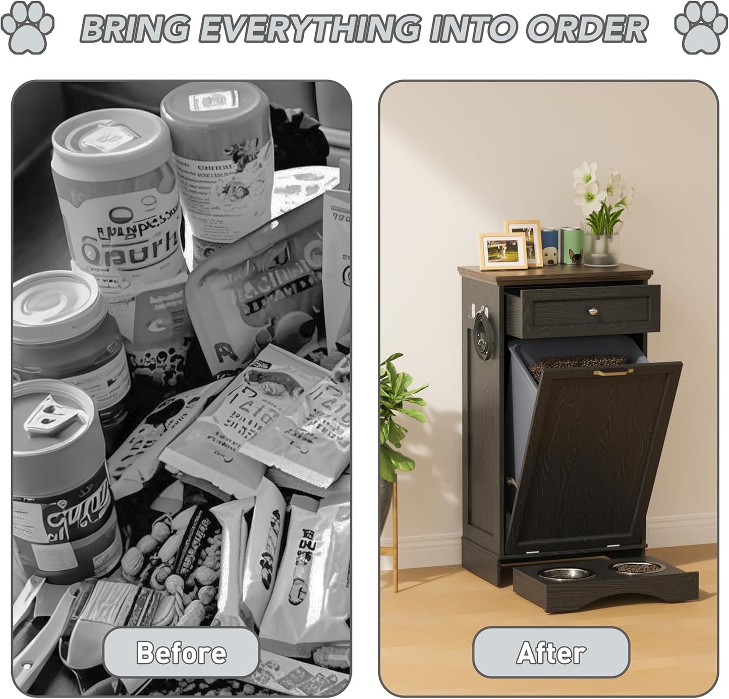 FIMELLO Dog Feeding Station, Tilt-Out Dog Food Storage Cabinet with Drawer,Pet Feeder Cabinet,Black Grain