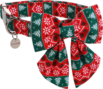 DOGWONG Christmas Dog Collar with Sailor Bow tie, Red Green Strip Snowflake Dog Collar Soft Durable Adjustable Cotton Puppy Collar for Small Medium Large Dog