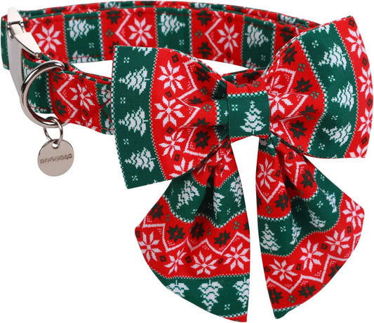 DOGWONG Christmas Dog Collar with Sailor Bow tie, Red Green Strip Snowflake Dog Collar Soft Durable Adjustable Cotton Puppy Collar for Small Medium Large Dog