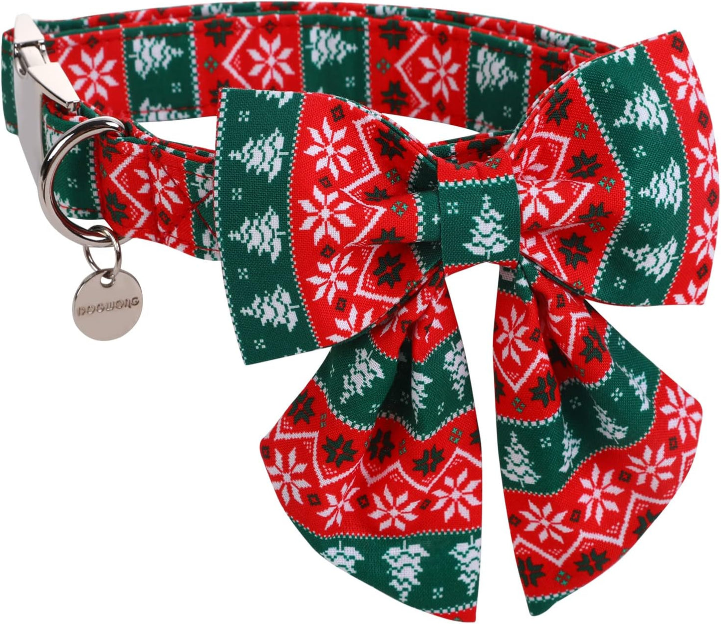 DOGWONG Christmas Dog Collar with Sailor Bow tie, Red Green Strip Snowflake Dog Collar Soft Durable Adjustable Cotton Puppy Collar for Small Medium Large Dog