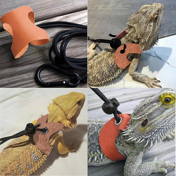 Lizard Adjustable Harness Leash,Bearded Dragon Harness Leash Set for Guinea Pig,Chameleon and Other Small Animal,Outdoor Used (Leather, Brown)