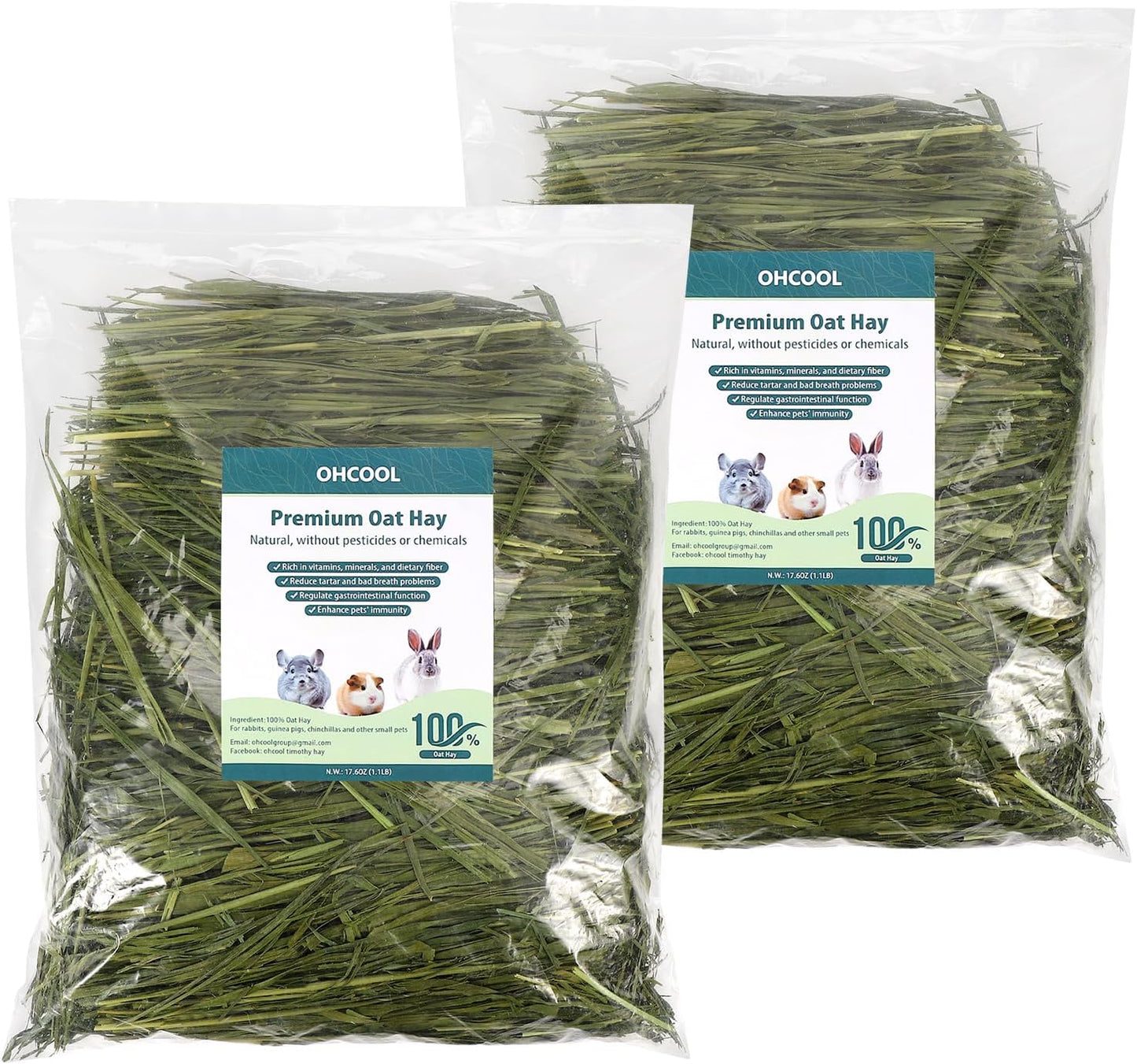 Premium Oat Hay for Pets - Dust Free Natural Green Fresh Pet Food Hay for Rabbits, Guinea Pigs, Chinchillas, Hamsters & Gerbils - 2.2lbs (2 packs of 1.1lbs）