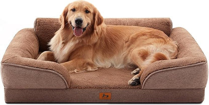 XL Orthopedic Dog Beds for Large Dogs, Waterproof Egg-Crate Foam Pet Couch Bed with Soft Sides, Non-Slip Dog Sofa with Fleece Removable Washable Cover, 42" L Supportive Pet Sofa, Brown