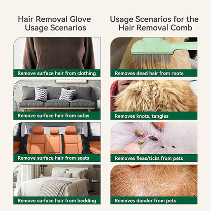 Flea Comb for Cats & Dogs – Removes Loose Hair, Tangles, Fleas & Dander, with Free Electrostatic Pet Hair Removal Glove for Clothes, Furniture, Carpets & Bedding